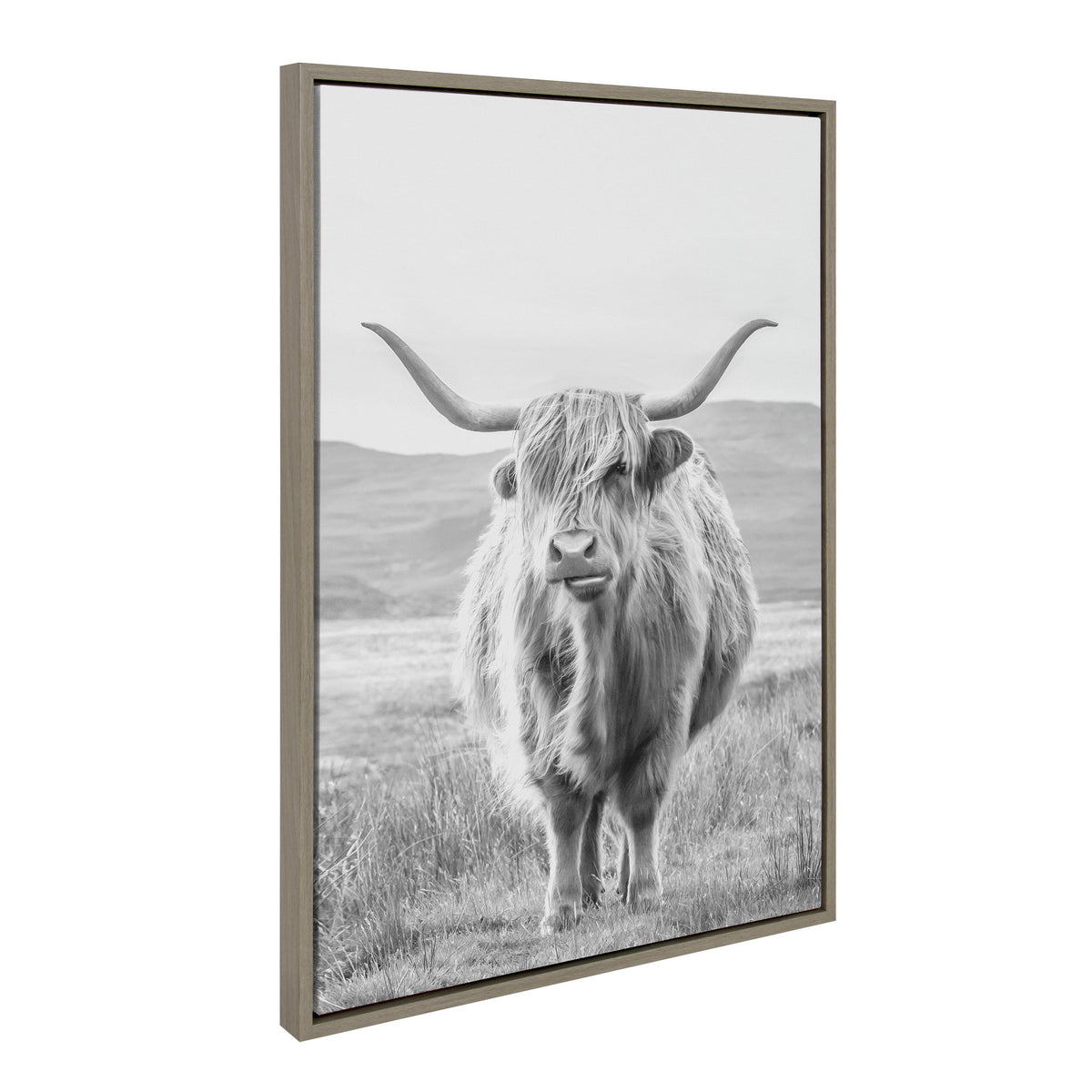 Sylvie Herd of Highland Cows BW Left and Right and Highland Cow Mountain Landscape Black and White Framed Canvas Art Set by The Creative Bunch Studio