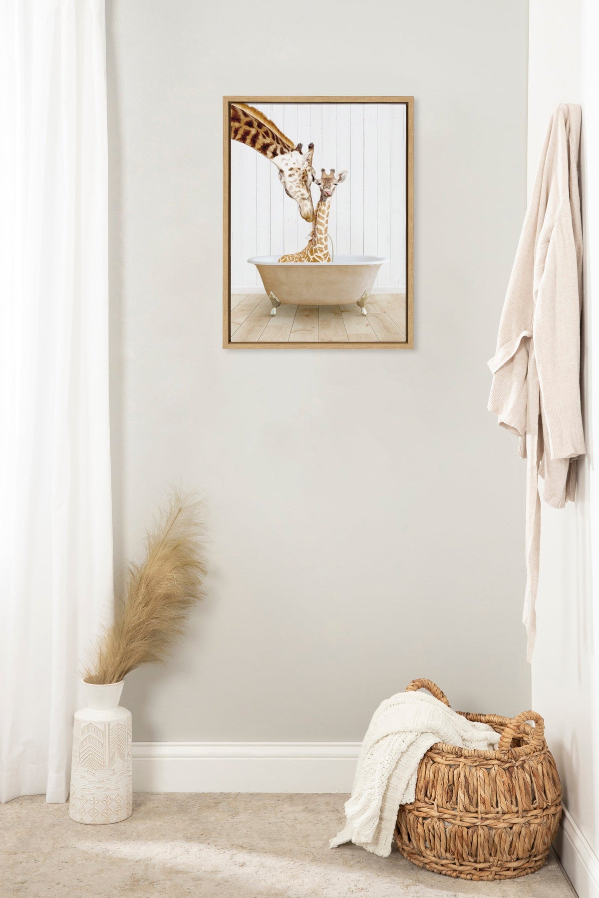 Sylvie Mother and Baby Giraffe Farmhouse Bath Framed Canvas by Amy Peterson Art Studio