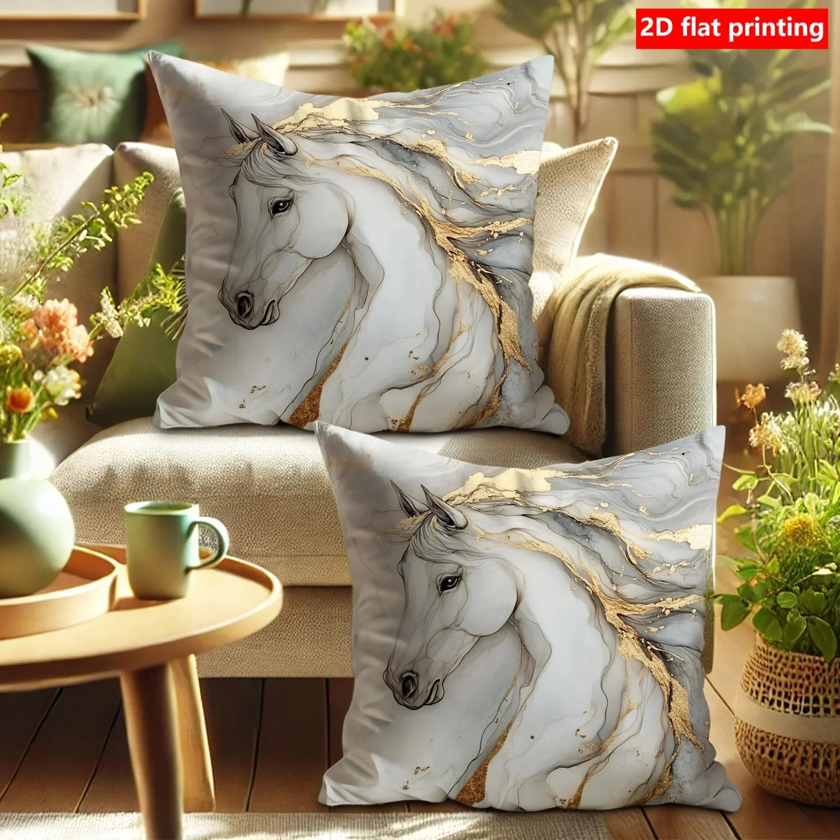 Pillow Covers - Zipper White Golden Abstract
