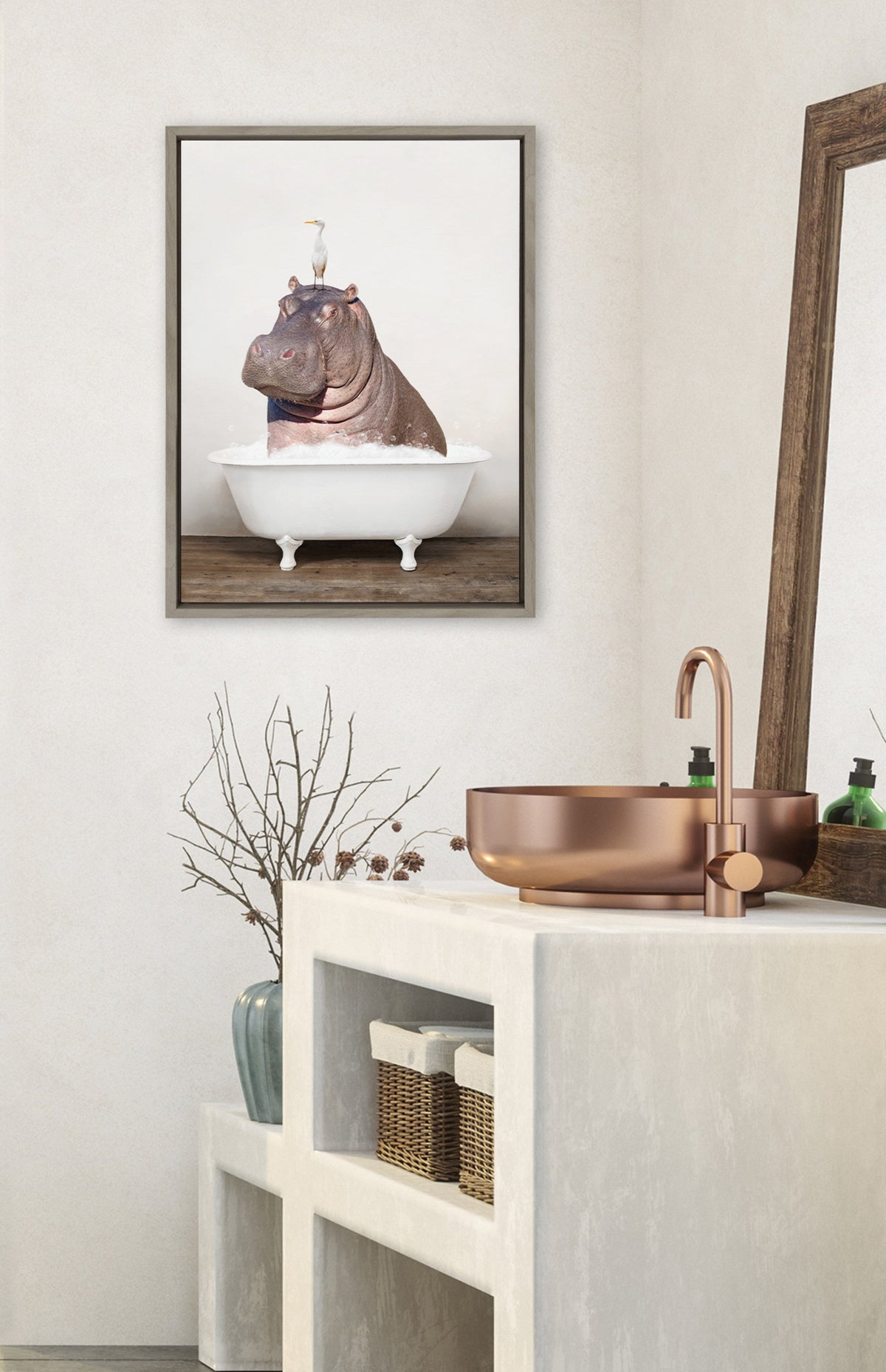 Sylvie Hippo and Bird in Rustic Bath Framed Canvas by Amy Peterson Art Studio