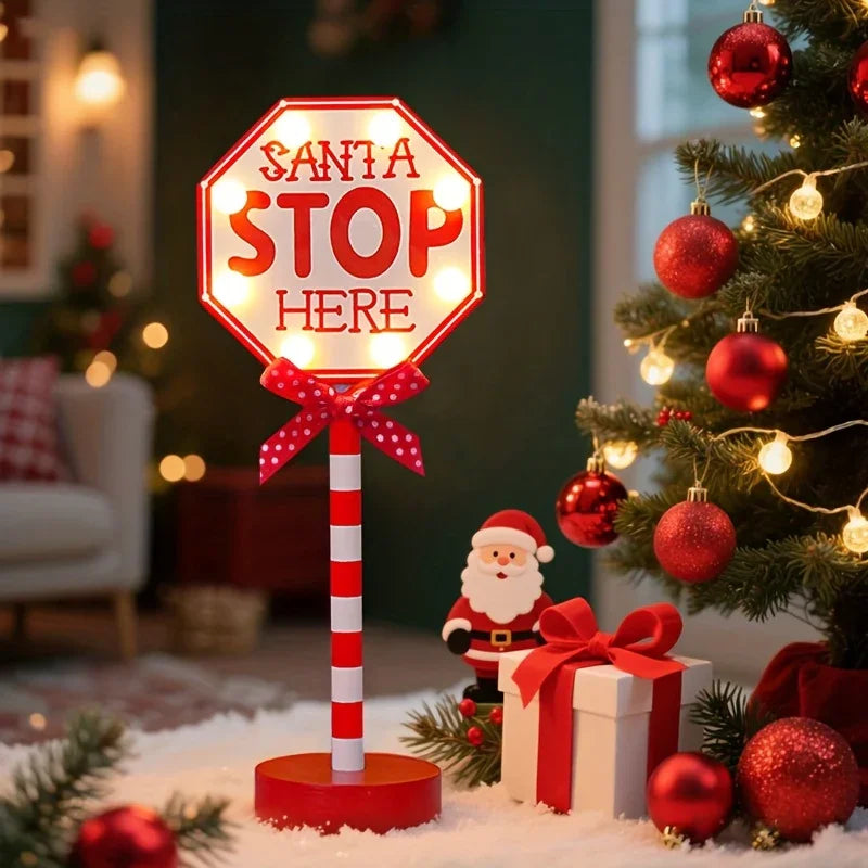 Plastic Christmas LED Sign with Santa Claus & "SANTA STOP HERE" Text