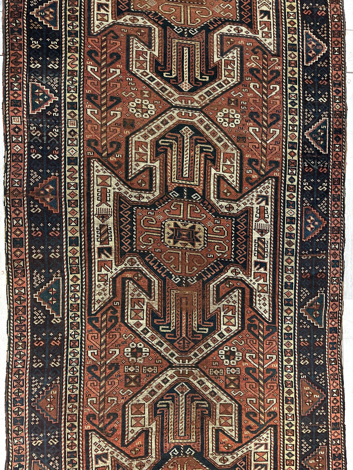 Antique Caucasian Kazak Runner 4x12 | Rust, Navy & Ivory | Hand-Knotted Wool - Rugistan, view 2
