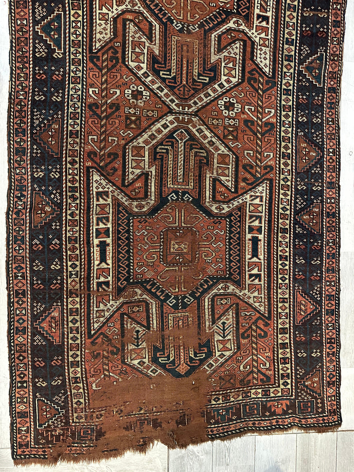 Antique Caucasian Kazak Runner 4x12 | Rust, Navy & Ivory | Hand-Knotted Wool - Rugistan, view 4