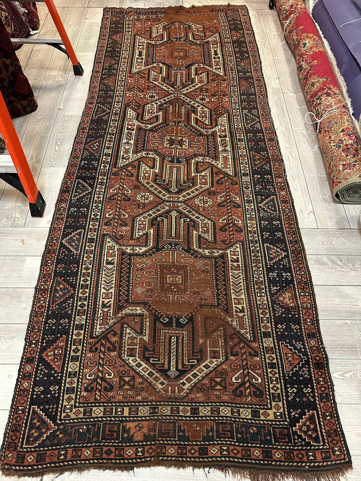 Antique Caucasian Kazak Runner 4x12 | Rust, Navy & Ivory | Hand-Knotted Wool - Rugistan, view 5