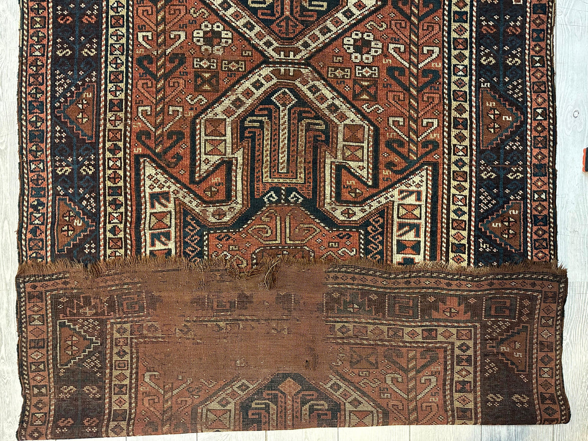 Antique Caucasian Kazak Runner 4x12 | Rust, Navy & Ivory | Hand-Knotted Wool - Rugistan, view 7