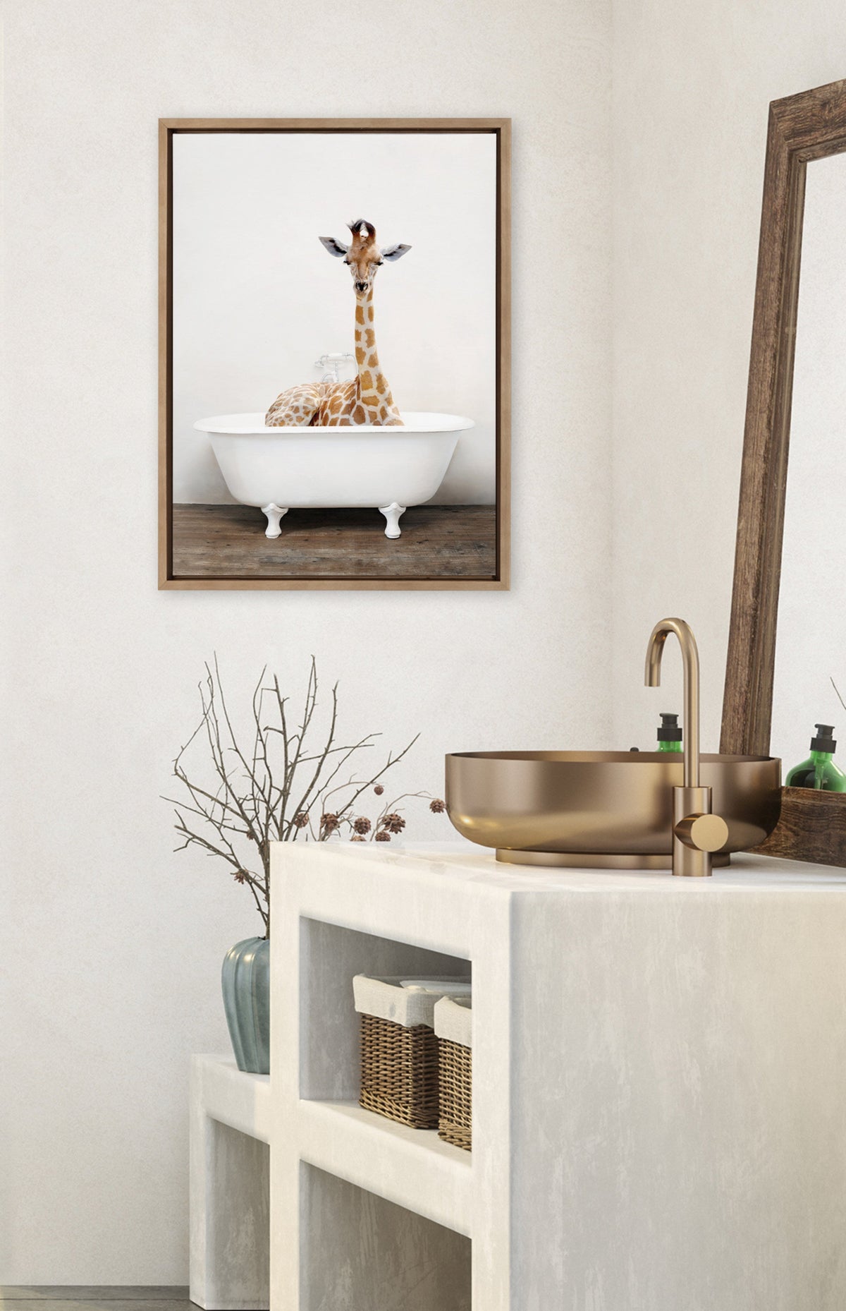 Sylvie Giraffe 2 in the Tub Color Framed Canvas by Amy Peterson Art Studio