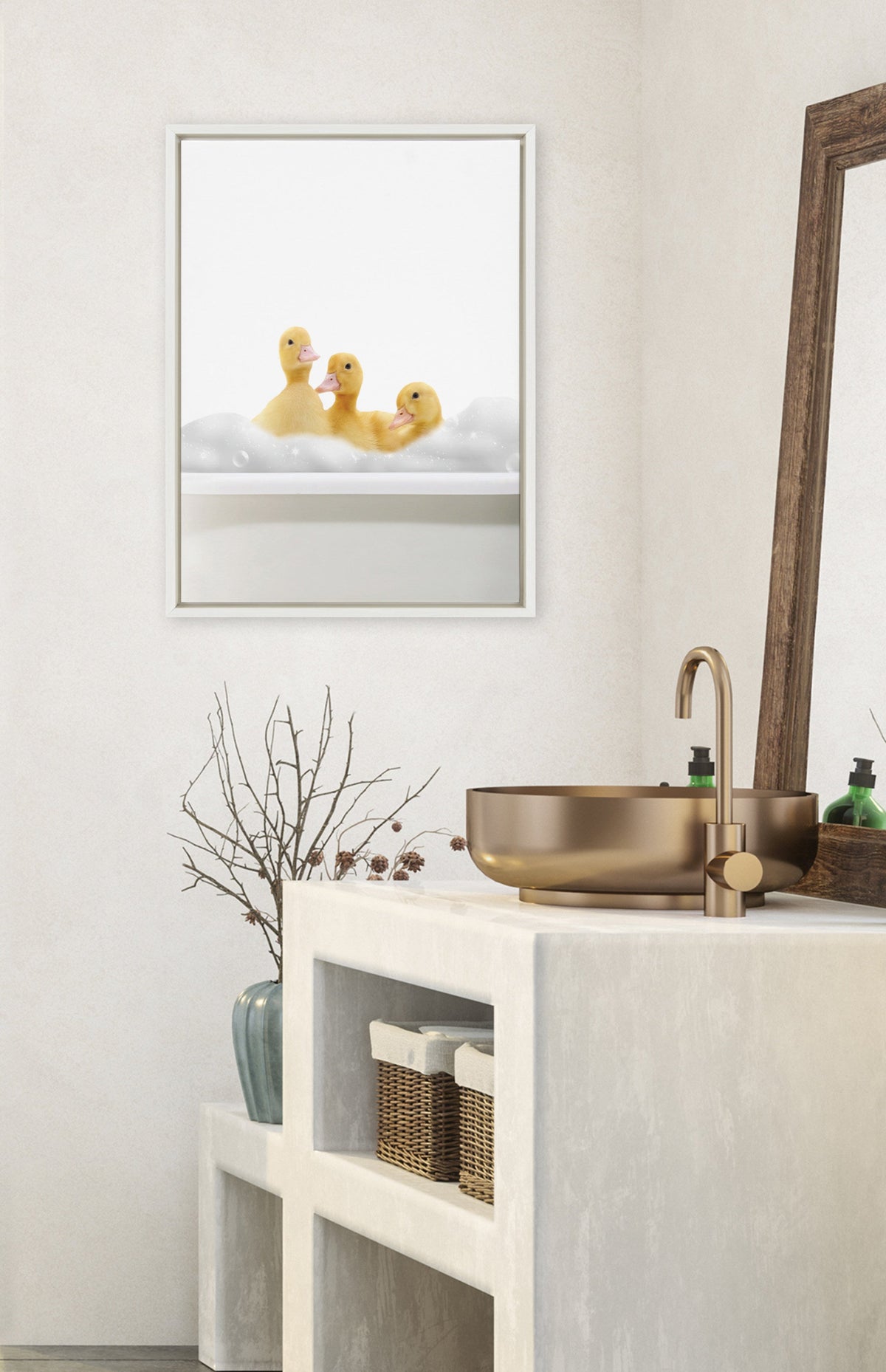 Sylvie Bathroom Bubble Bath 3 Ducks Framed Canvas by The Creative Bunch Studio