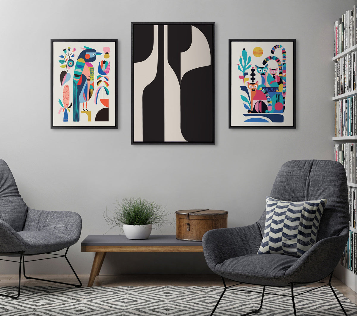 Sylvie Eye Catching Sleek Abstract 6 Black and Beige Framed Canvas by The Creative Bunch Studio