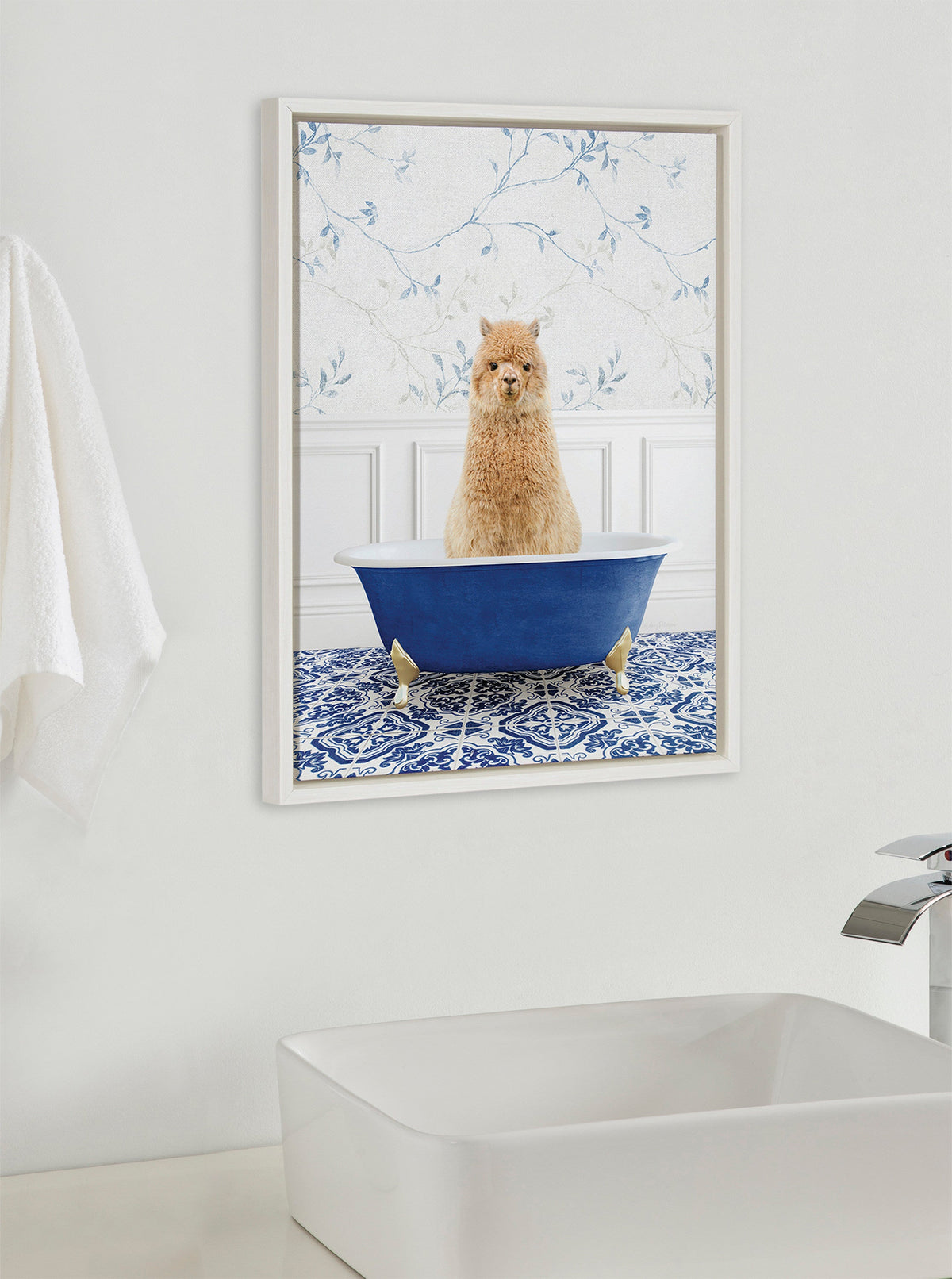 Sylvie Alpaca In Eclectic Blue Bath Framed Canvas by Amy Peterson Art Studio
