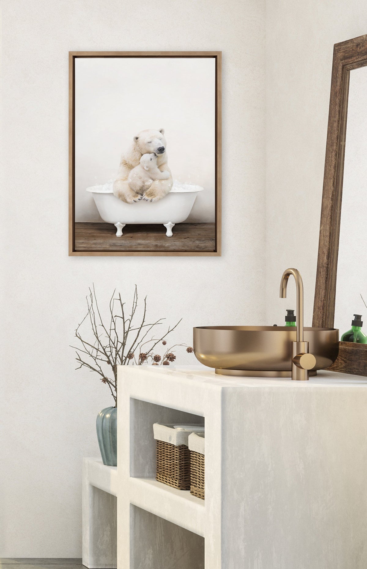 Sylvie Mother and Baby Polar Bear in Rustic Bath Framed Canvas by Amy Peterson Art Studio