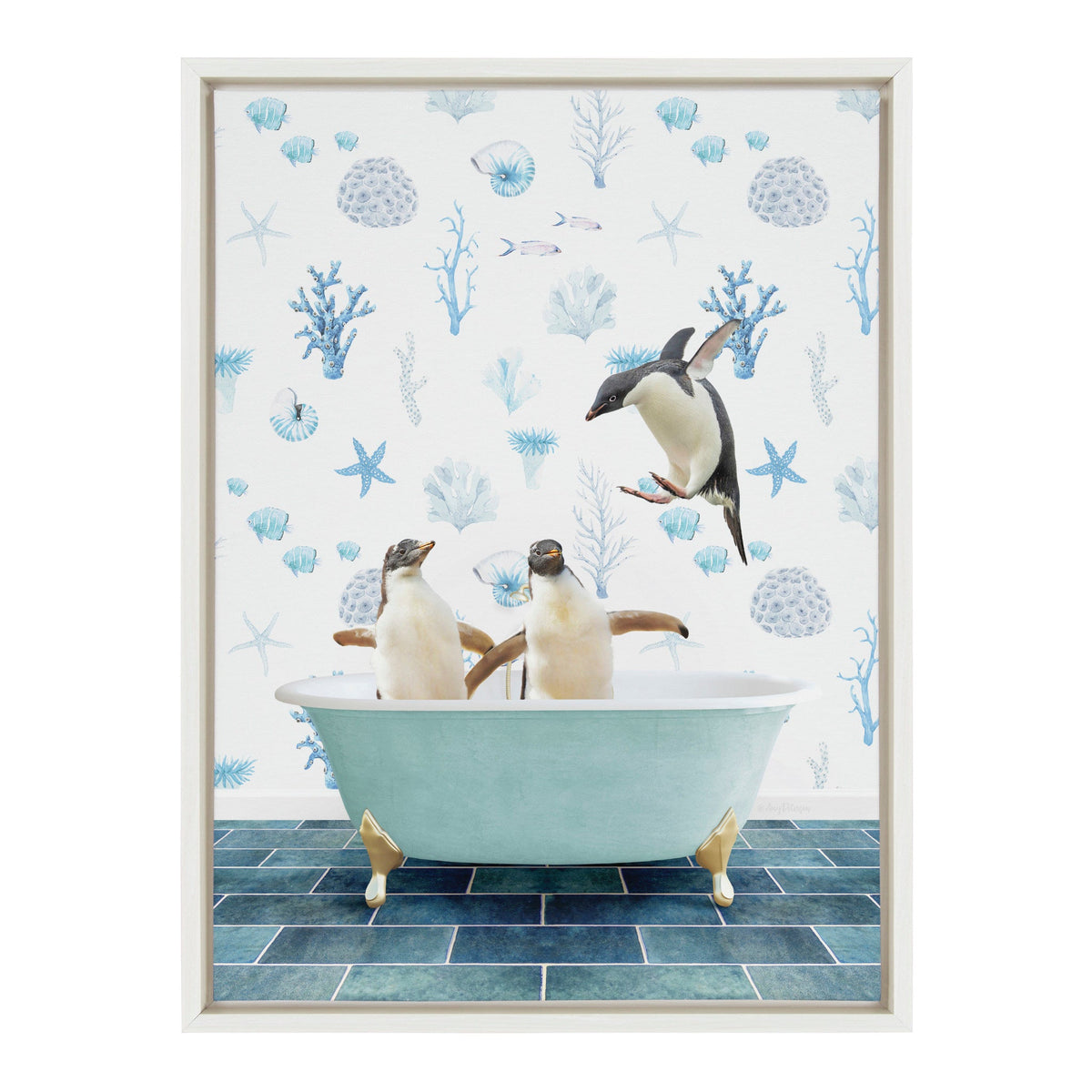 Sylvie Penguins In Under the Sea Bath Framed Canvas by Amy Peterson Art Studio