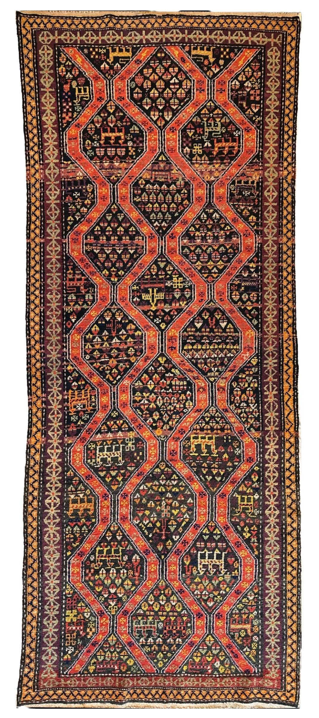Antique Caucasian Kazak Rug 4x9 | Navy, Orange & Gold | Hand-Knotted Wool - Rugistan