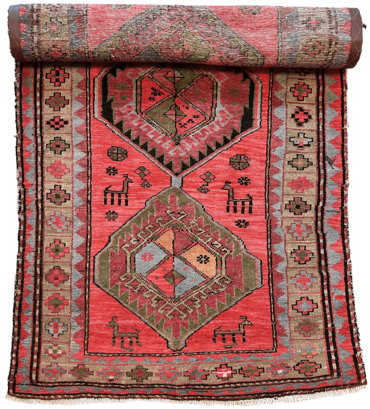Antique Caucasian Runner 4x9 | Red, Olive Green & Beige | Hand-Knotted Wool - Rugistan