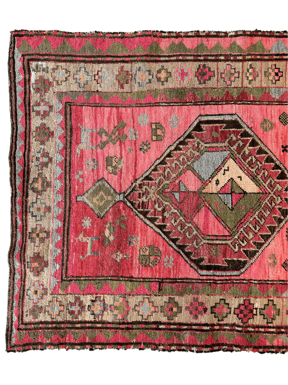 Antique Caucasian Runner 4x9 | Red, Olive Green & Beige | Hand-Knotted Wool - Rugistan, view 4