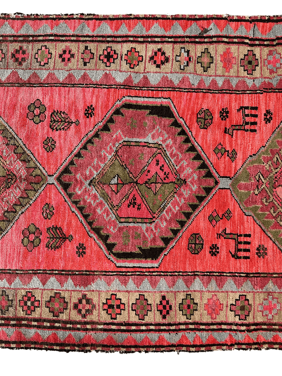 Antique Caucasian Runner 4x9 | Red, Olive Green & Beige | Hand-Knotted Wool - Rugistan, view 6