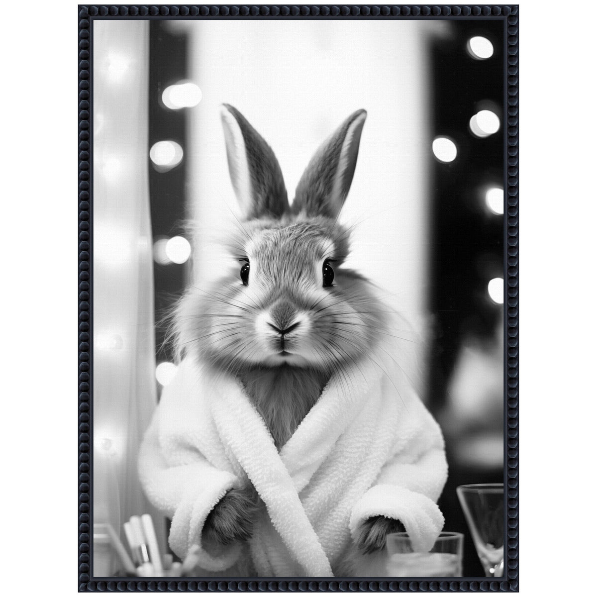 Sylvie Bunny Glam Bathroom Art Towel Robe Black and White Framed Canvas by The Creative Bunch Studio