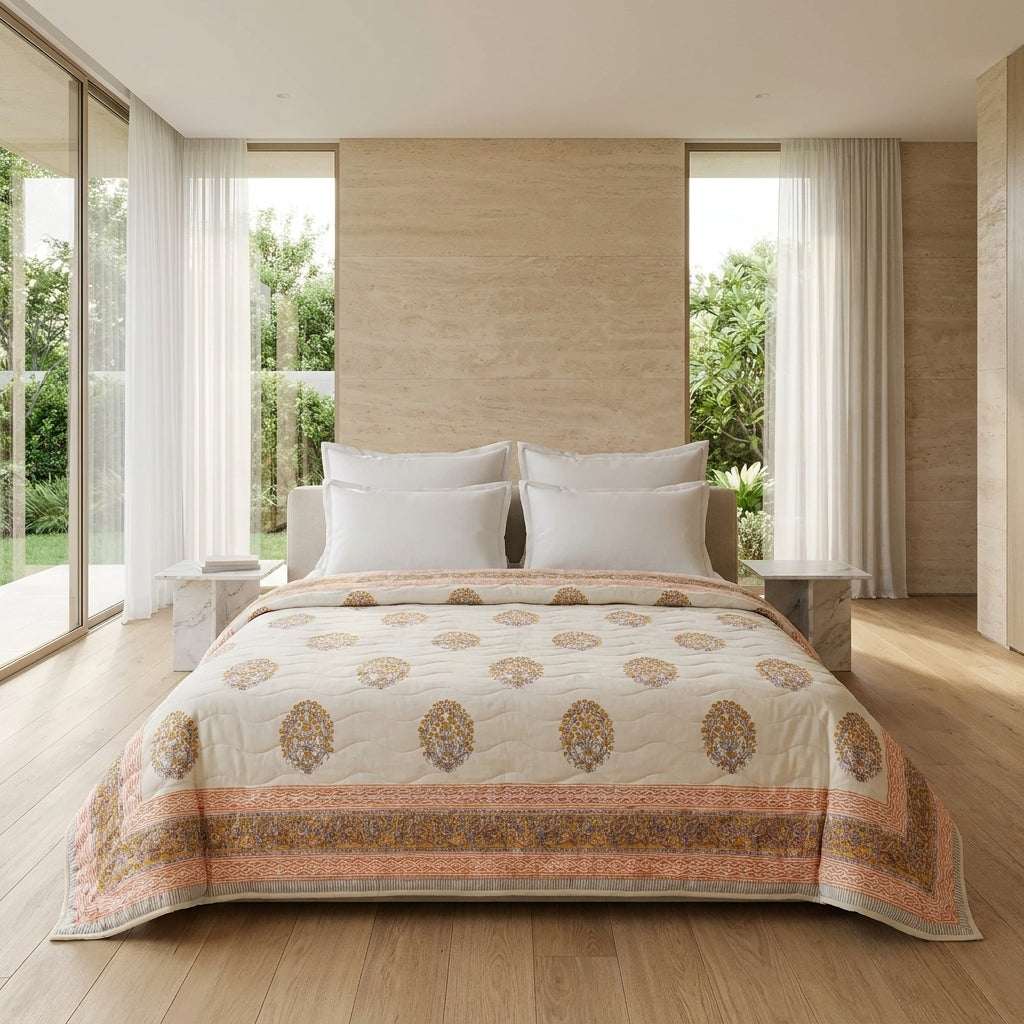 Cream & Sage Green Rose Pink Floral Jaipur Indian Hand Block Print Quilted Comforter — House of Avana, view 1 of 5