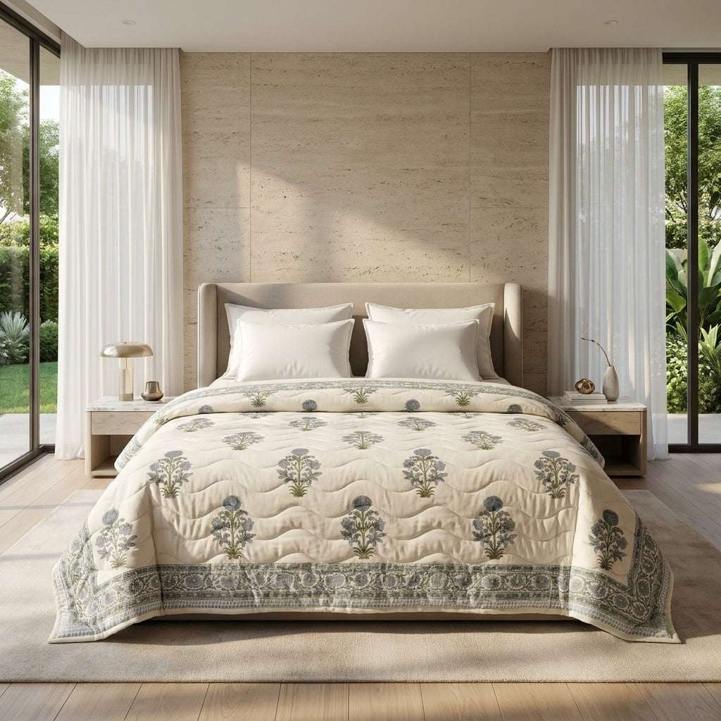 Cream & Dusty Blue Floral Jaipur Indian Hand Block Print Quilted Comforter — House of Avana, view 1 of 5