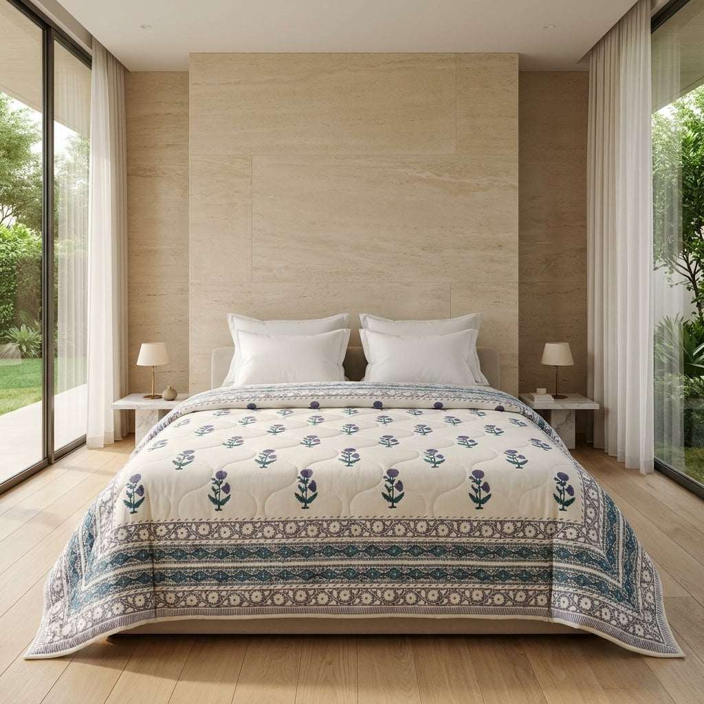 Cream & Indigo Blue Floral Jaipur Indian Hand Block Print Quilted Comforter — House of Avana, view 1 of 6