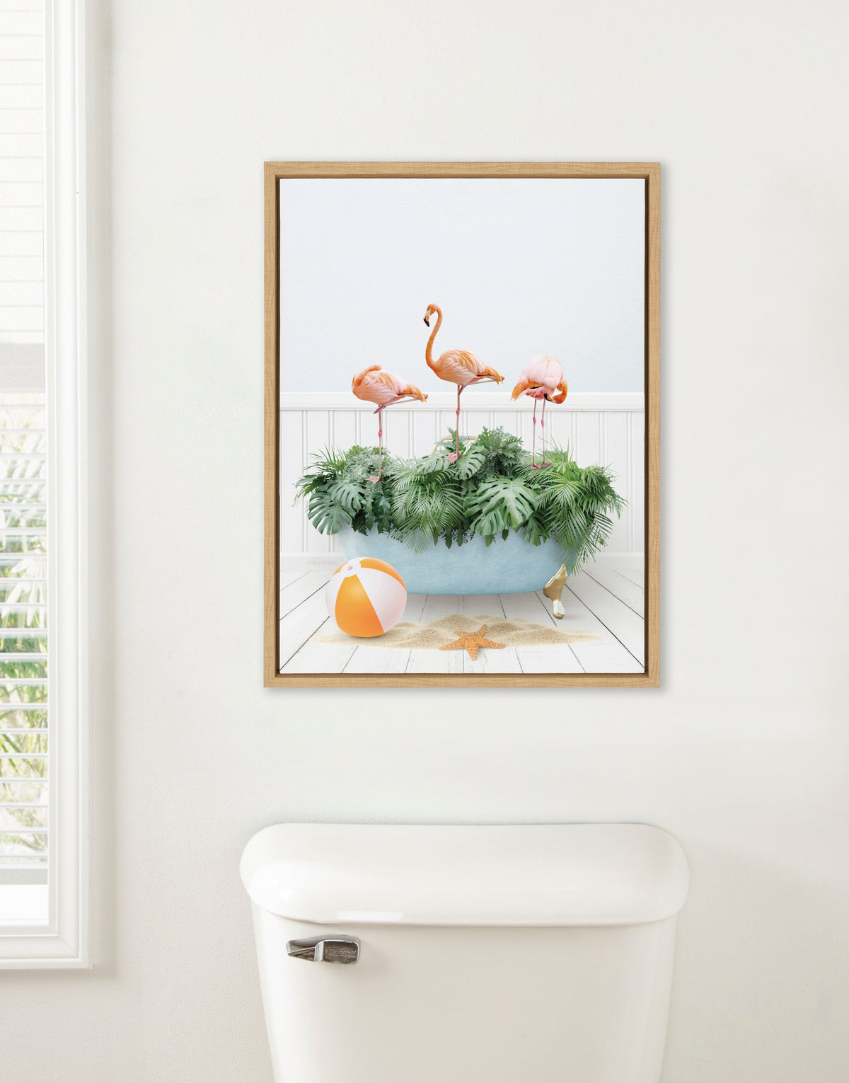Sylvie Three Flamingos Beach House Bath Framed Canvas by Amy Peterson