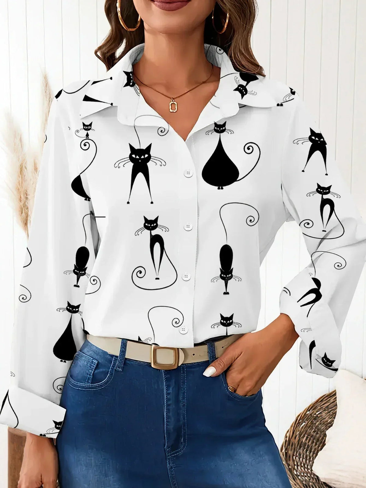 Shirt - Cat Print Cotton Long-Sleeve