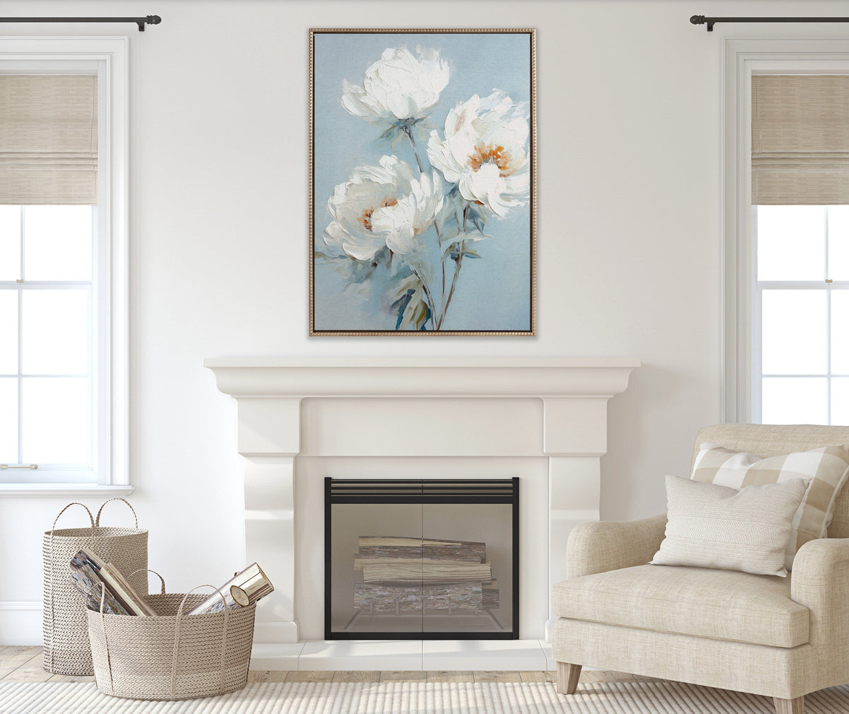 Sylvie Beaded White Peonies on Ocean Blue Framed Canvas by The Creative Bunch Studio
