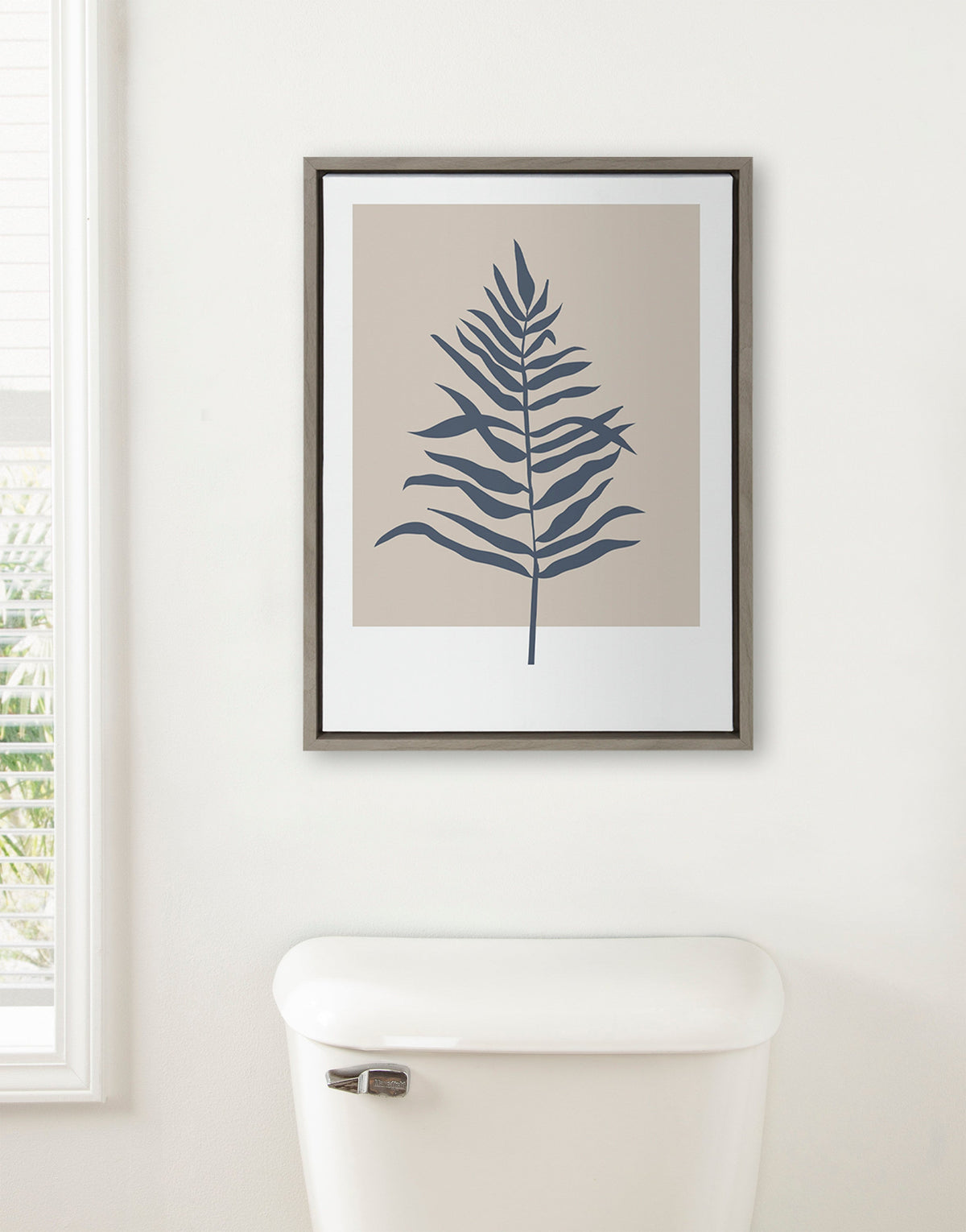 Sylvie Muted Tan and Blue Colorblock Botanical Fern Framed Canvas by The Creative Bunch Studio
