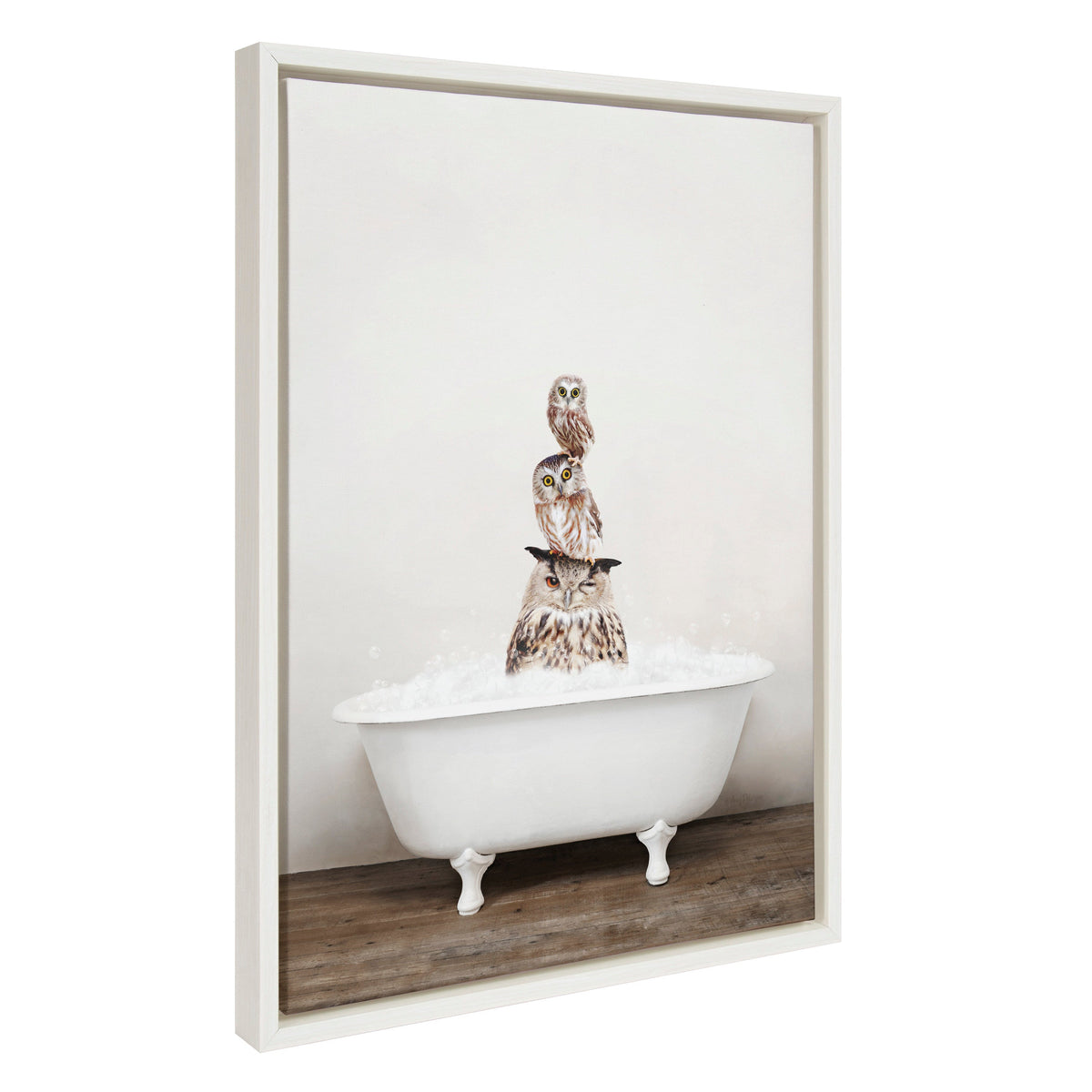 Sylvie Stacked Owls in Rustic Bath Framed Canvas by Amy Peterson Art Studio