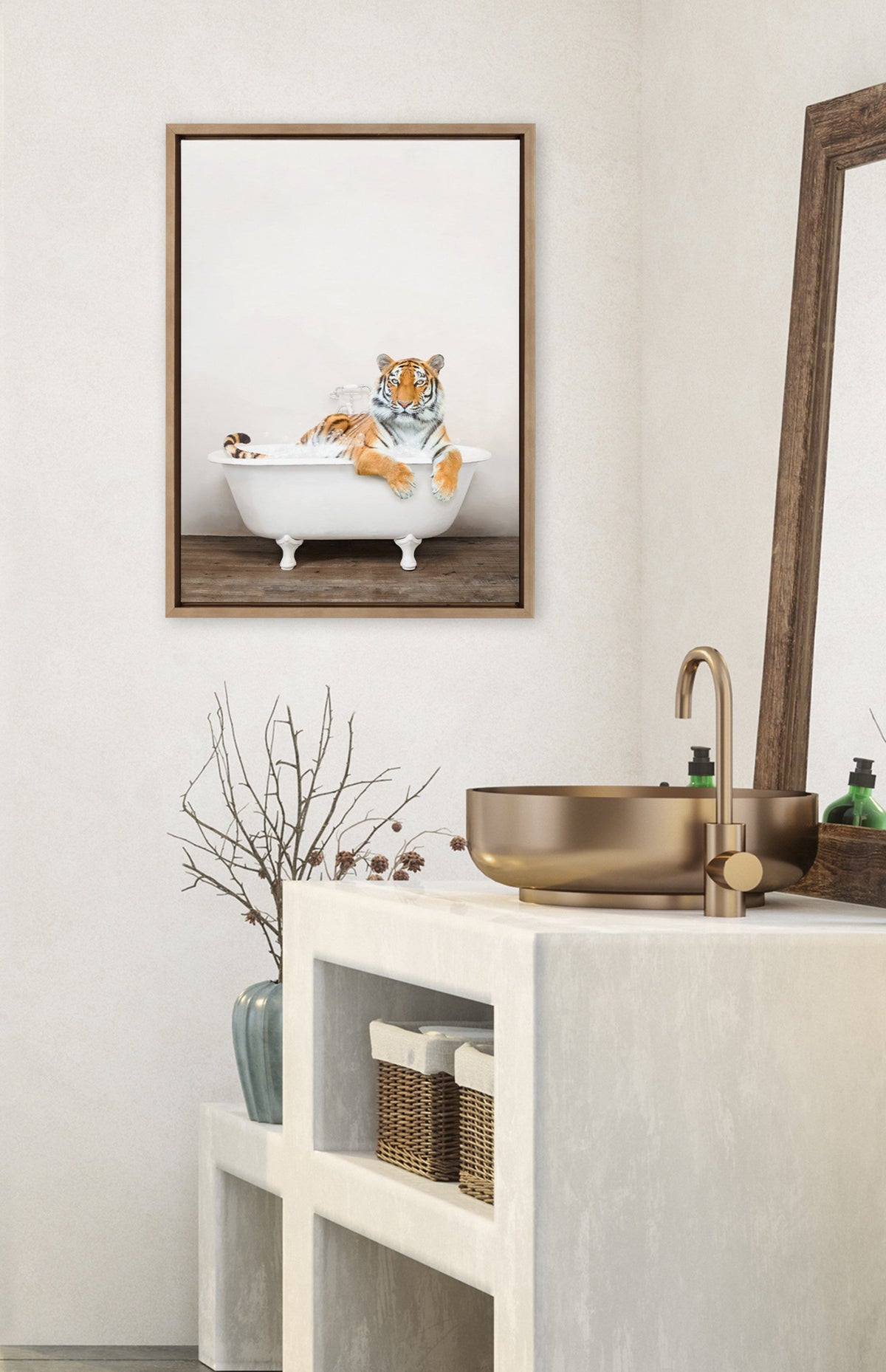 Sylvie Bengal Tiger in Rustic Bath Framed Canvas by Amy Peterson Art Studio