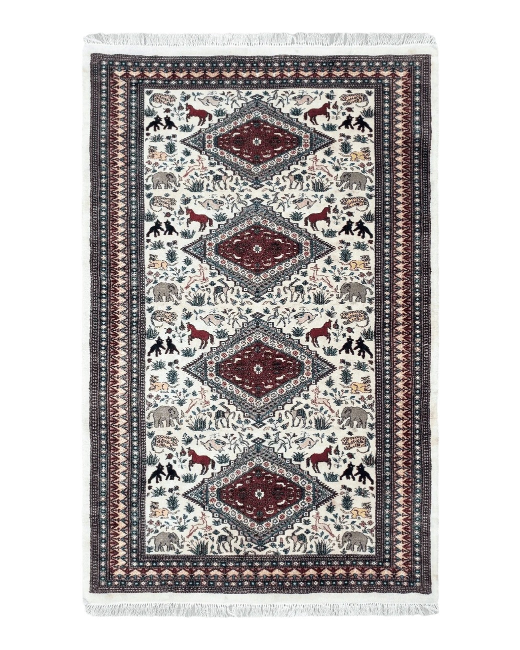Vintage Indo Persian Area Rug 4.7 x 7.6, Wool Hand-Knotted Ivory Carpet, Animal Pictorials, Elephants Horses Lions, Indian Carpet, Unique - Jewel Rugs