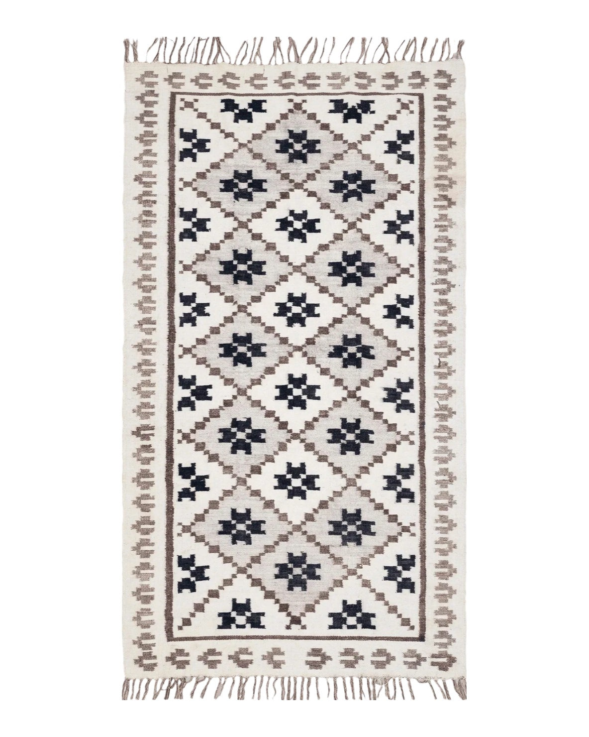 Semi Antique South American Blanket 4x8, Wool Hand-Woven Flatweave Kilim Rug, Handmade Antique Vintage Runner, Ivory & Blue, Diamond Panel - Jewel Rugs