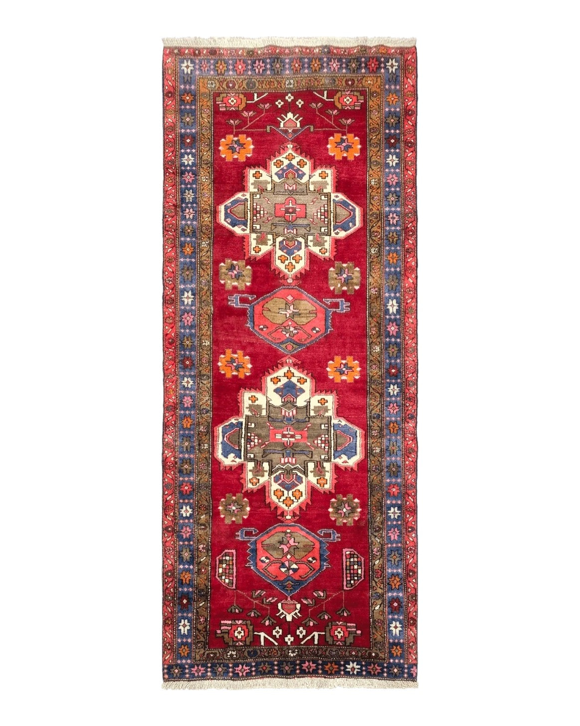 Antique Persian Karajeh Runner Rug 4.4 x 11 ft, Red Colorful Geometric Medallion Runner - Jewel Rugs