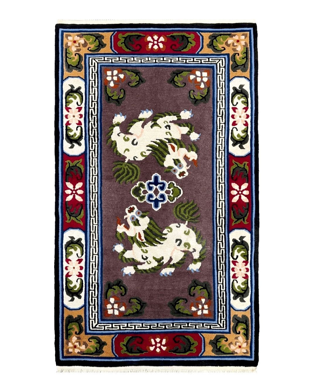Chinese Art Deco Rug 3 x 5.5 with Animal Pictorials, Vintage Chinese Peking Wool Area Rug, Dark Puce Maroon Ivory, Hand Knotted Soft Carpet - Jewel Rugs