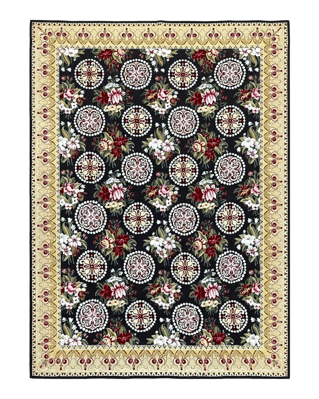 9x12 Black Needlepoint Rug, European Floral Panel Design, Handwoven, Vintage Chinese Needlepoint, Black Green Beige, Wool Rug 9 x 12 - Jewel Rugs