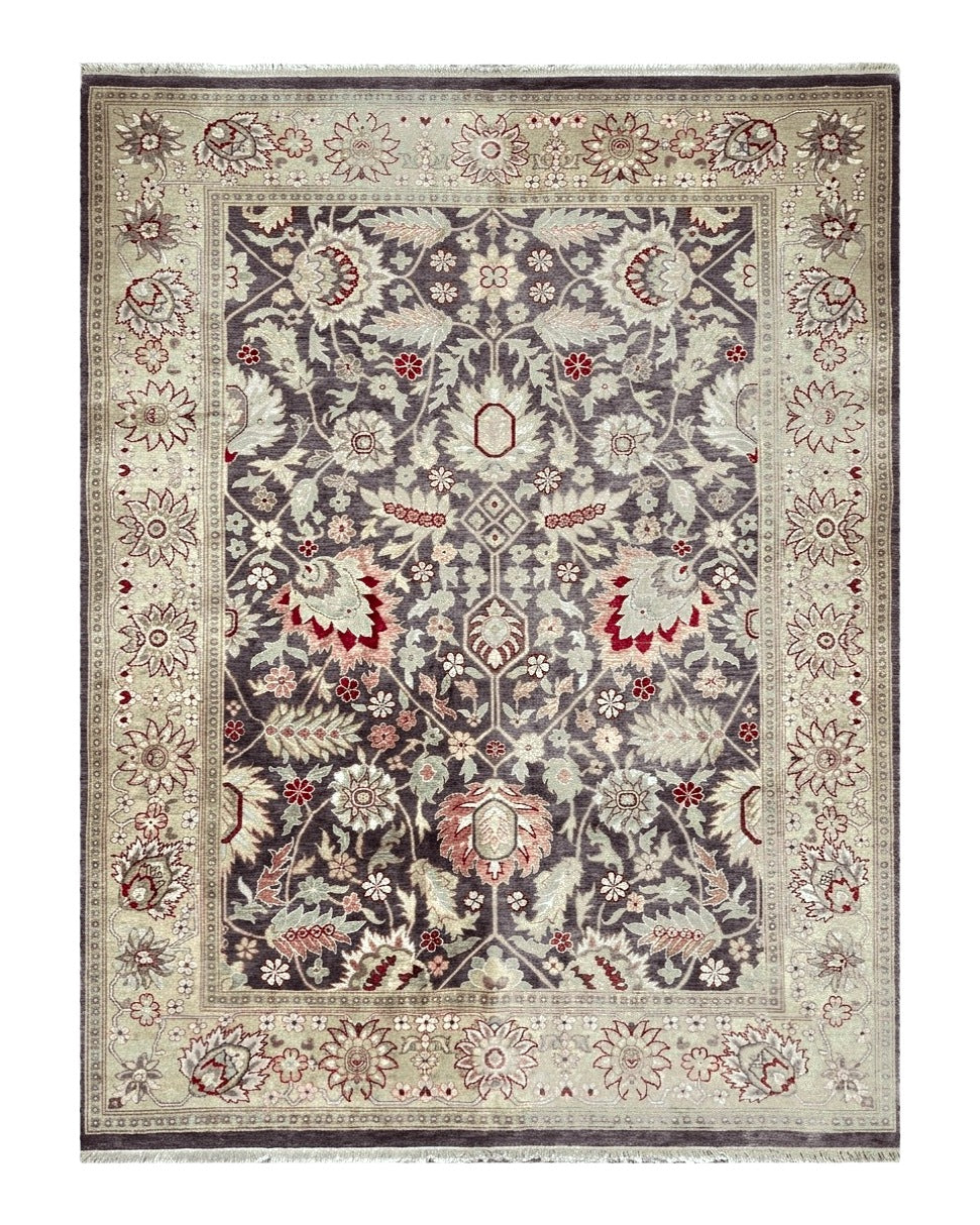 Vintage Indian Rug 9x12, Sultanabad Area Rug 9 x 12, Wool Hand Knotted Living Room Oriental Carpet, Eggplant and Khaki Color, Teawashed Rug - Jewel Rugs