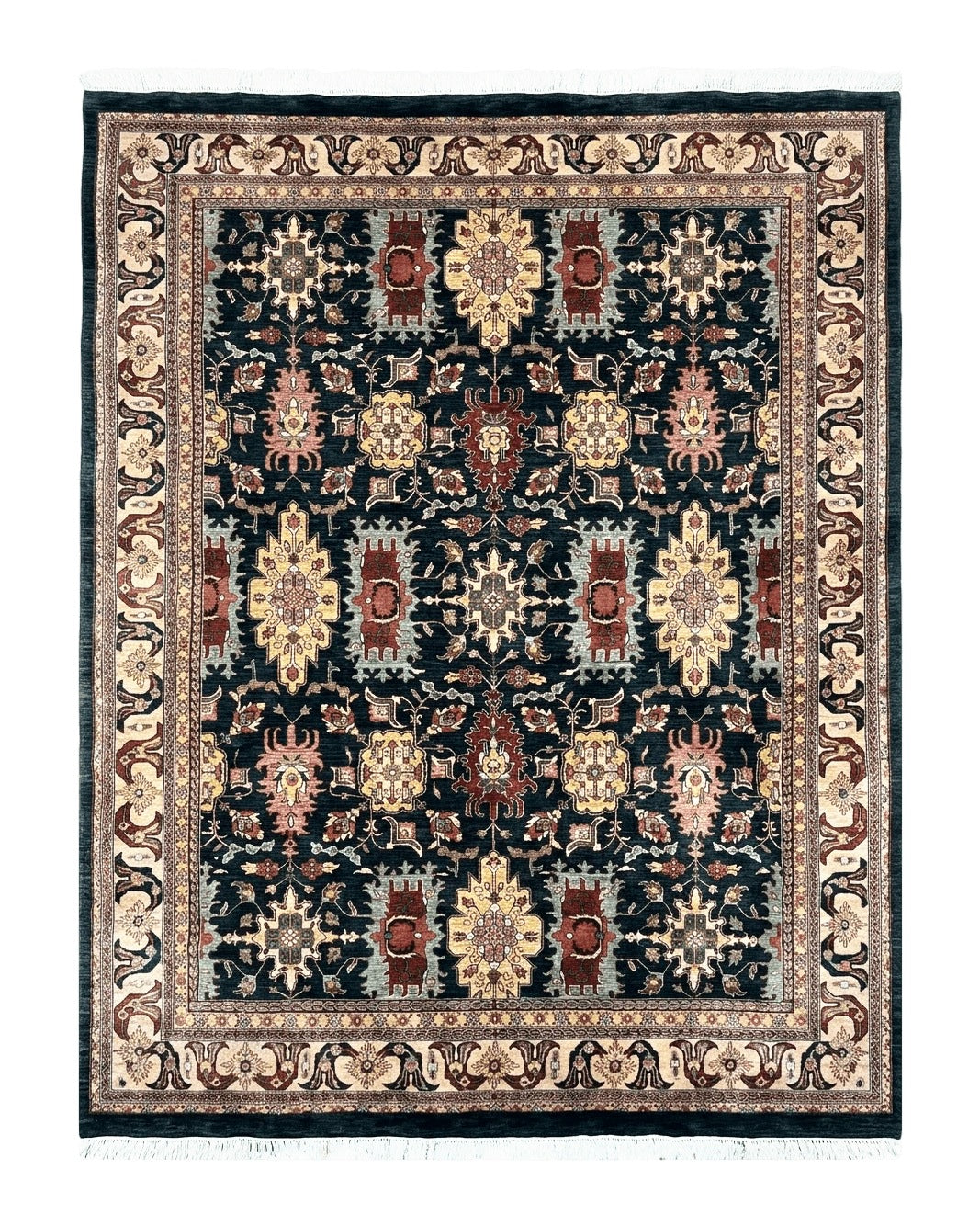 Indo Persian Mahal Rug 9x12, Dark Green and Cream Hand Knotted Wool Oriental Carpet, Floral Allover, Vintage Traditional Handmade Room Sized - Jewel Rugs