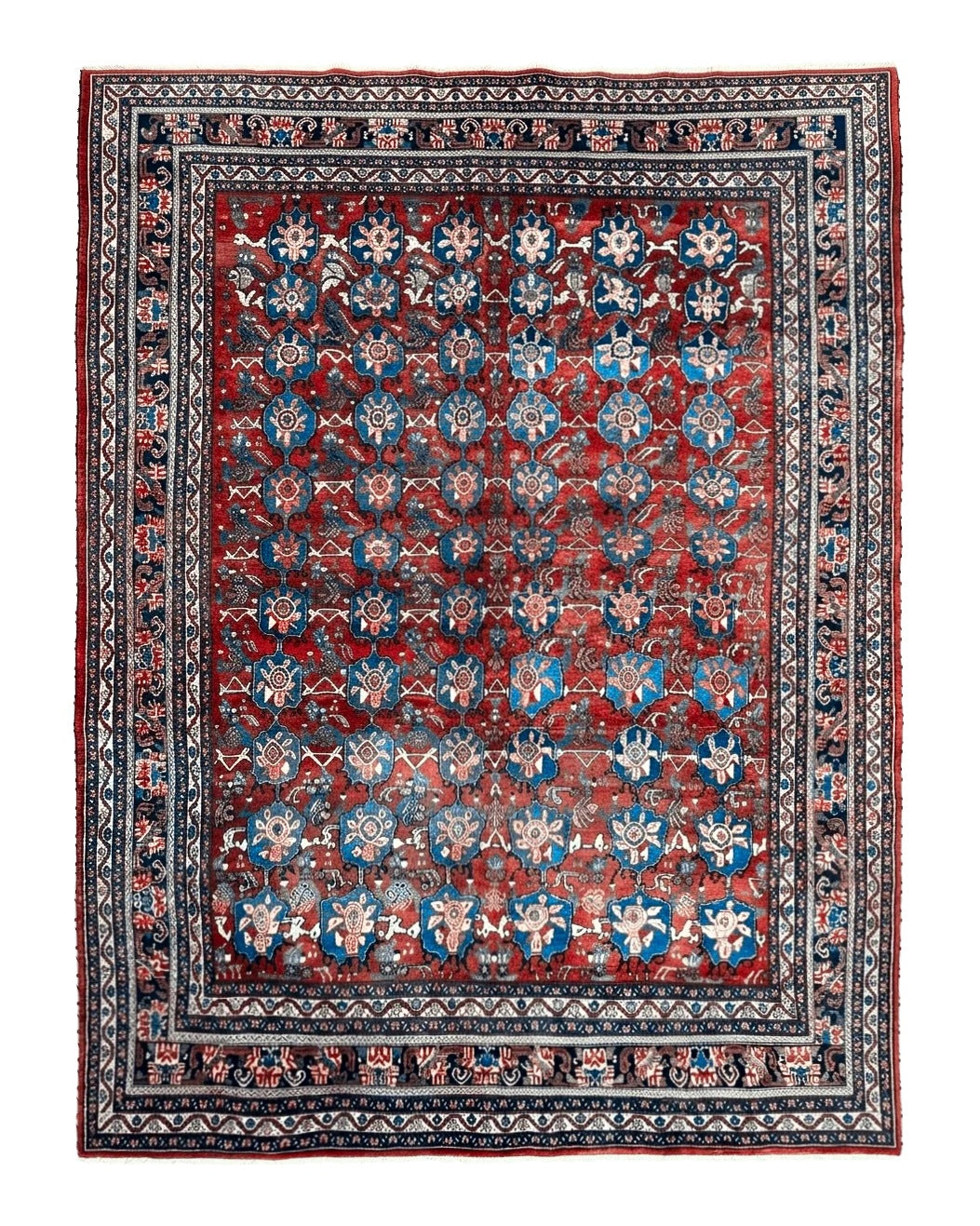 Antique Persian Bijar Rug 9x12 - Allover Motif, Red & Blue - Jewel Rugs