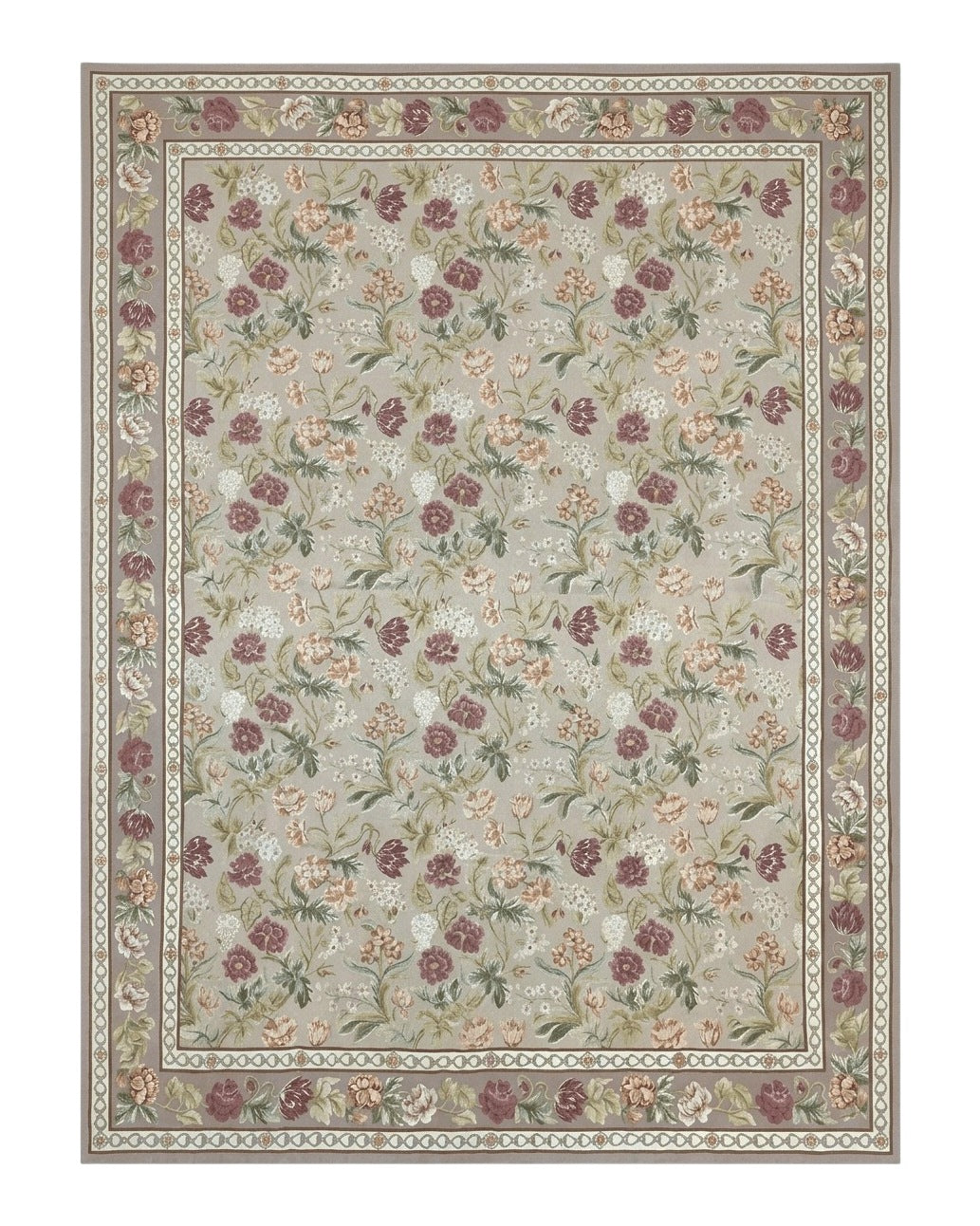 Aubusson Rug 9x12, Pink Beige Light Mauve, Handmade Allover Floral Roses, Wool Flatweave Carpet 9 x 12 ft, European French Design, Elegant - Jewel Rugs