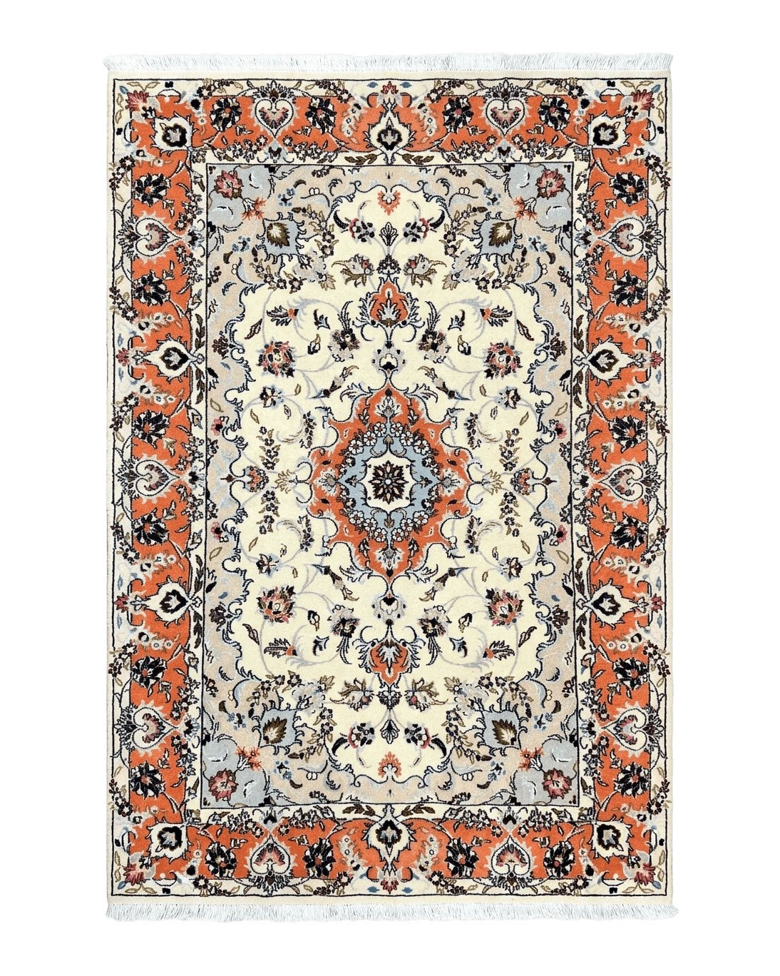 Persian Tabriz Rug 4.5 x 6.8, Finely Hand Knotted Wool with Silk Highlights Vintage Oriental Carpet, Cream and Salmon, High KPSI, Floral Medallion - Jewel Rugs