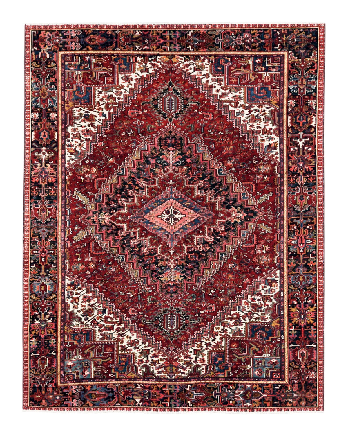 Persian Heriz Rug 9x11 ft, Geometric Rug 9 x 11, Red Room Sized Semi Antique Vintage Wool Hand Knotted Oriental Carpet - Jewel Rugs
