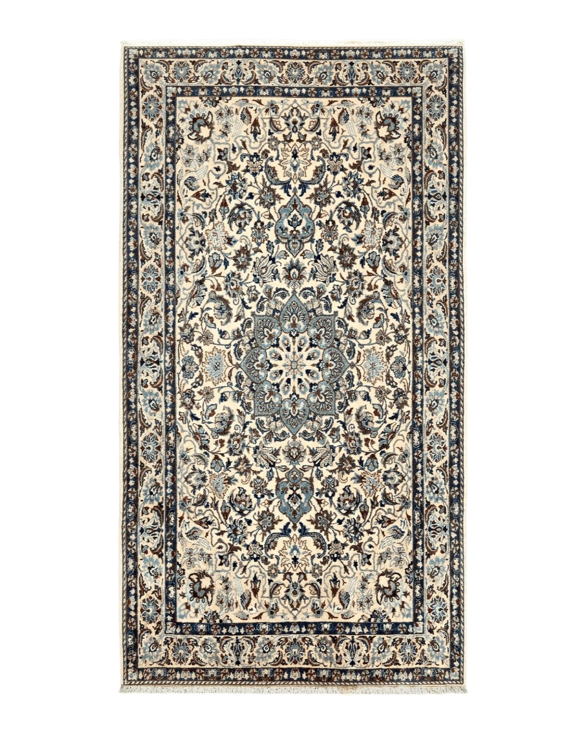 Persian Nain Rug 4x7, Floral Medallion Oriental Carpet 4 x 7 ft, Ivory Persian Rug, Handmade Hand Knotted Vintage, Wool & Silk Highlights, Birds - Jewel Rugs