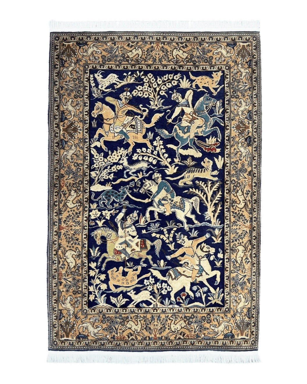 Persian Qum Hunting Design Rug 4x5, Wool Hand Knotted Vintage Oriental Carpet, Navy Blue & Mustard, Horsemen Animal Pictorials, Rare - Jewel Rugs