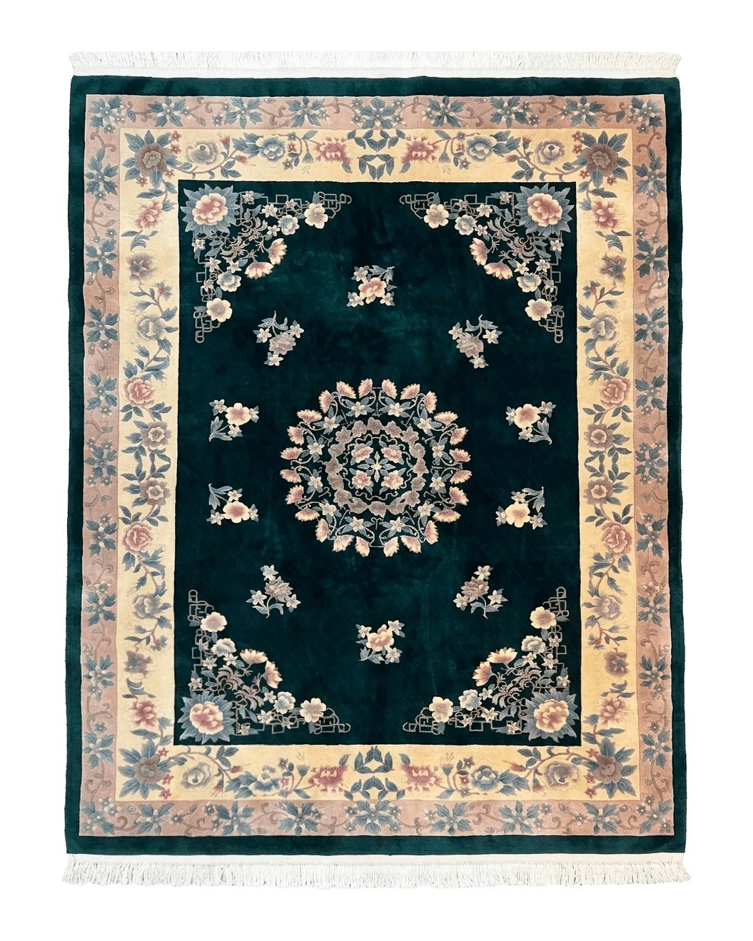 Chinese Art Deco Rug 9x12, Wool Hand Knotted Vintage Carpet, Dark Green & Cream, 90 Line Carving Rug - Jewel Rugs