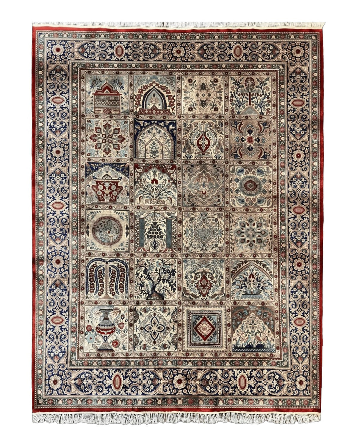 Silk Sino Persian Rug 9x12, Panel Design, Garden of Eden Pattern, Fine 200 KPSI, Hand Knotted Room Sized Silk Carpet, Vintage - Jewel Rugs