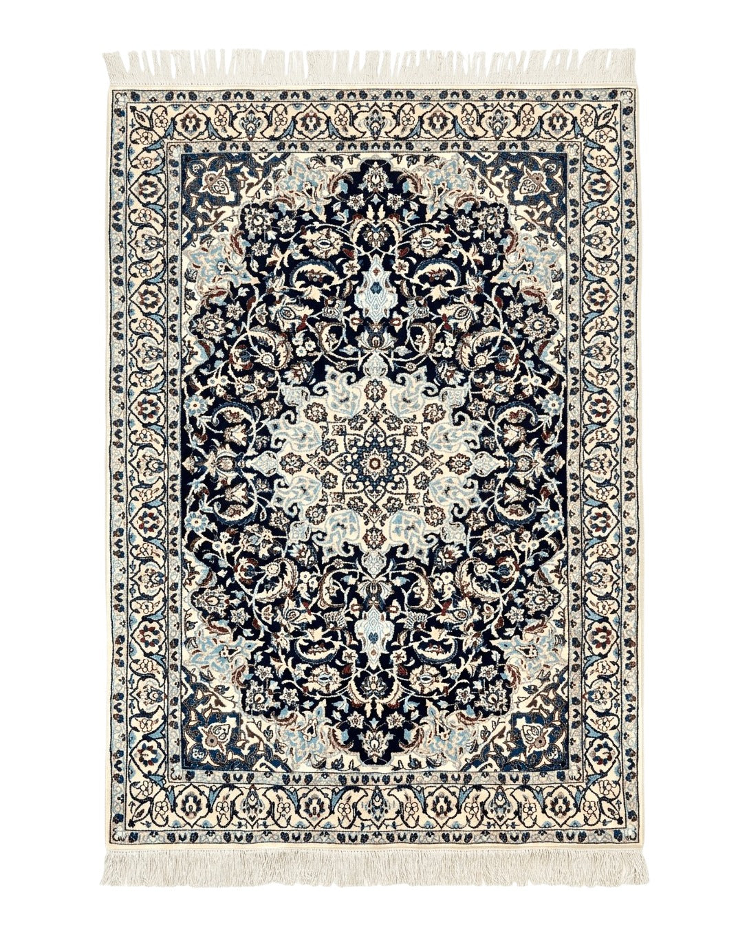 Persian Nain Rug 4x6, Floral, Hand Knotted Vintage Wool & Silk Highlights, Signature from Masterweaver, Navy Blue and Ivory - Jewel Rugs