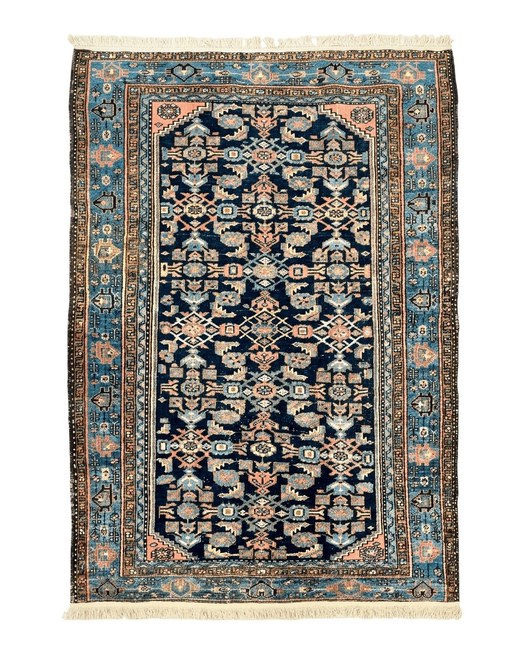 Antique Persian Tribal Rug 5x7, Navy Blue & Pink, Hand Knotted Handmade 1920s Wool Rug, Allover Pattern, Persian Hamadan Rug - Jewel Rugs