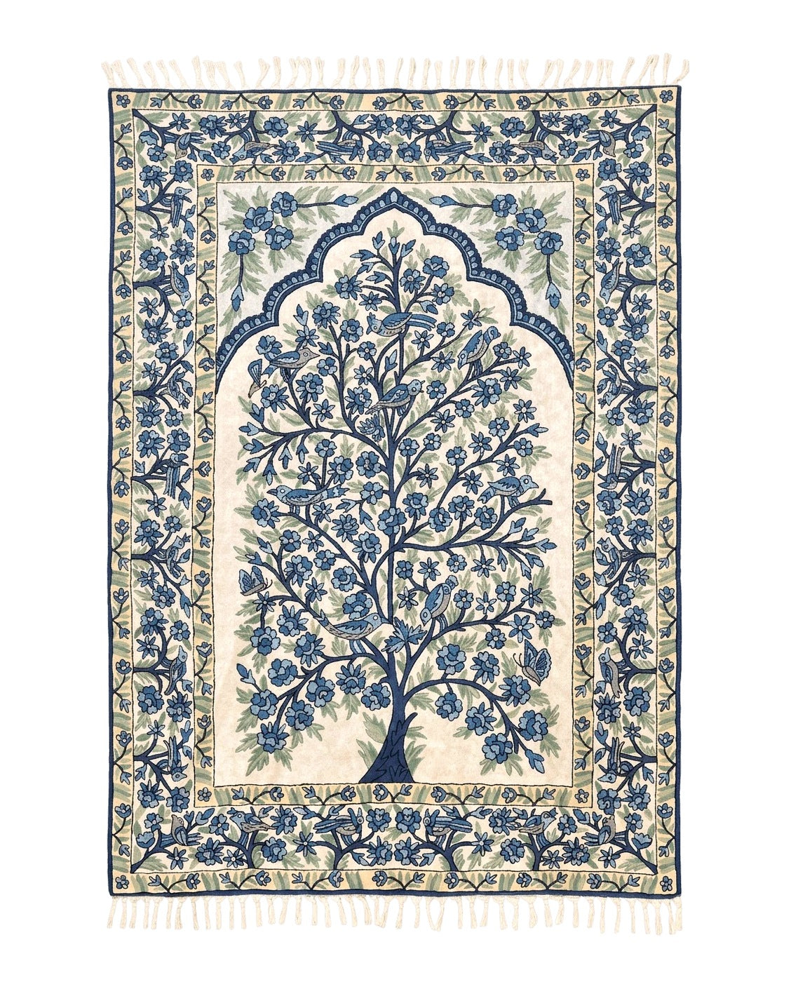 Tree of Life Indian Hand Stitched Rug 4x6, Indian Wall Hanging Rug, Ivory Blue, Silk on Cotton, Vintage - Jewel Rugs