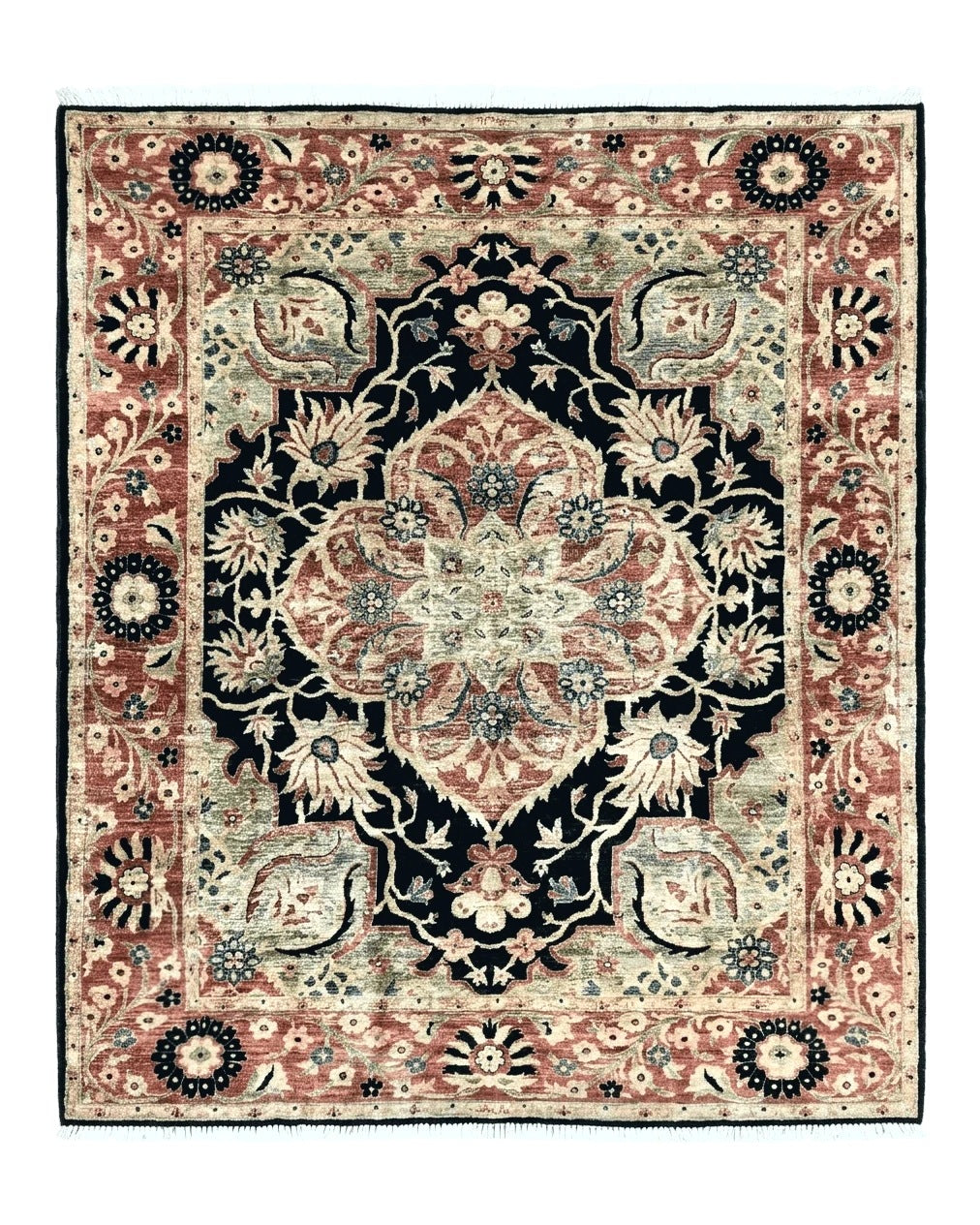 Pak Persian Rug 8x10, Pakistani Mahal Sultanabad Carpet, Signature from Master Weaver, Shiny Wool, Black Red Vintage Handmade Medallion Rug - Jewel Rugs