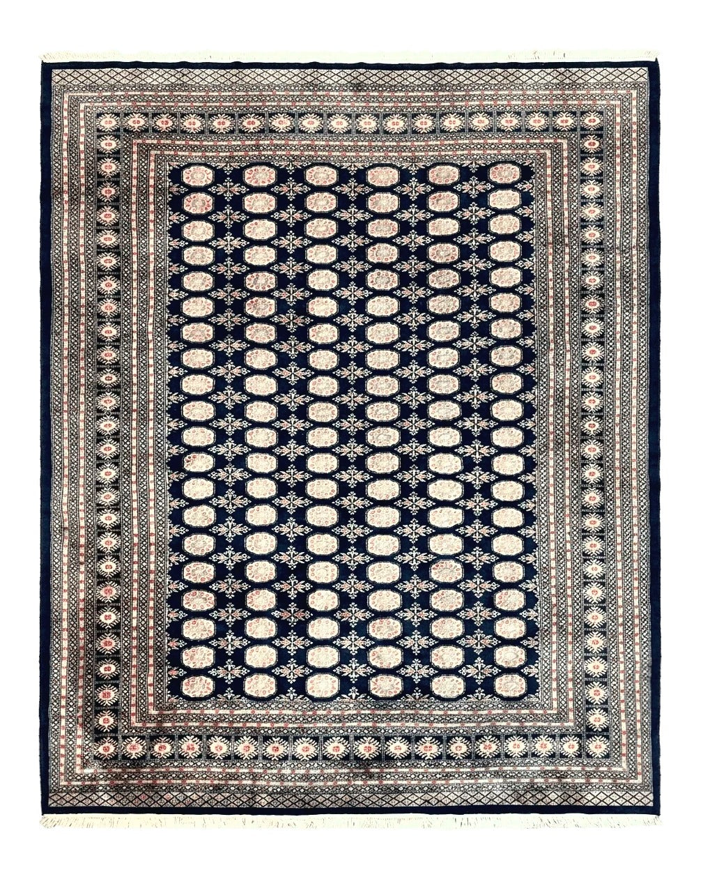 Pakistani Bokhara Rug 8x10, Turkoman Carpet, Dark Blue and Beige, Vintage Handmade Wool Carpet - Jewel Rugs