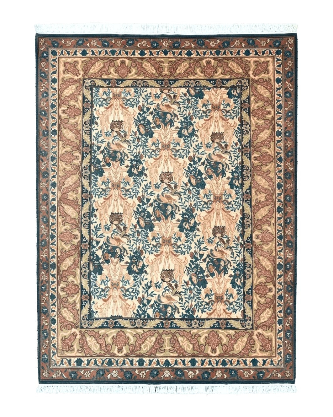 10x13 Wool Rug, Floral Pattern, Birds, Handmade Vintage Carpet, Couristan Rug, Beige - Jewel Rugs